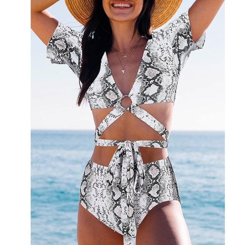 NWT| High Waisted 2 Pieces Snake Print Bikini Suit - Picture 3 of 10